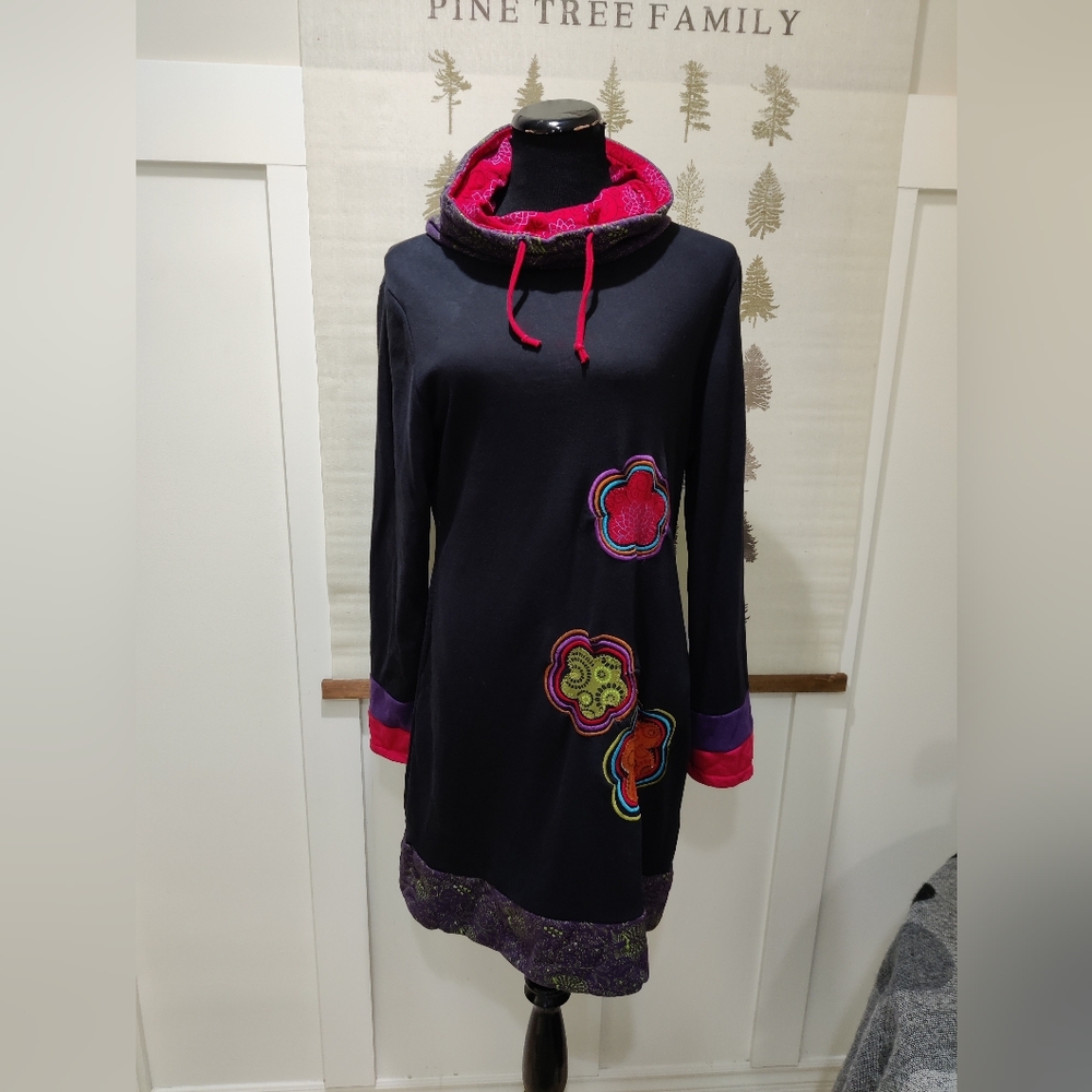 Sharanel Tunic Dress L/XL Black Cotton Cowl Neck Patchwork